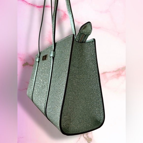 NWT Kate Spade Shoulder Satchel, Seawater, Green Glitter and Metallic Leather - Picture 3 of 5